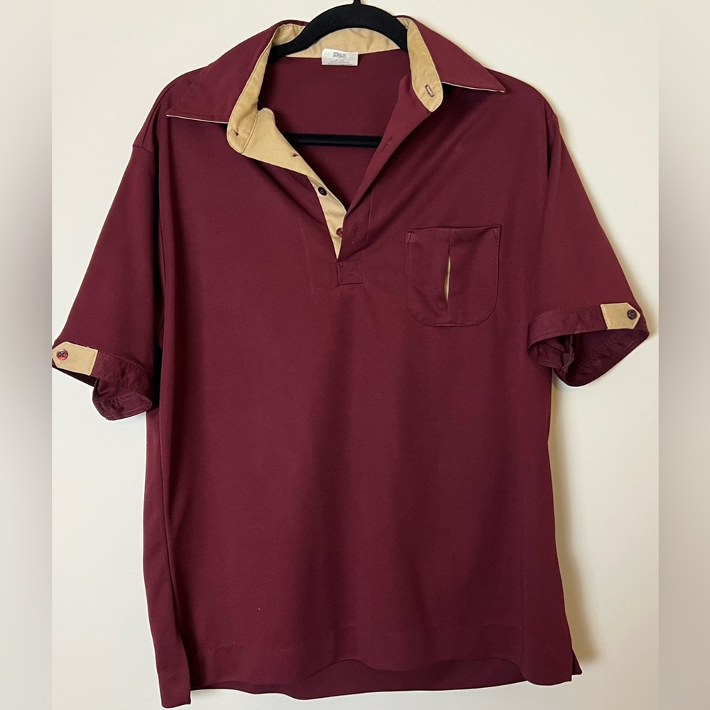 Vintage Retro King Louie M/L Men's Burgundy and Tan Shirt bowling polo 70’s
